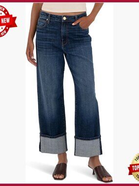 High-Rise Straight Leg Jeans with Roll-Up Hem, 87% Cotton, Machine Washable